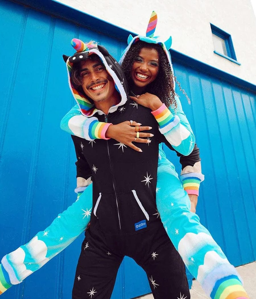 shop couples costumes - image of models wearing men's nightmare unicorn costume and womens unicorn costume