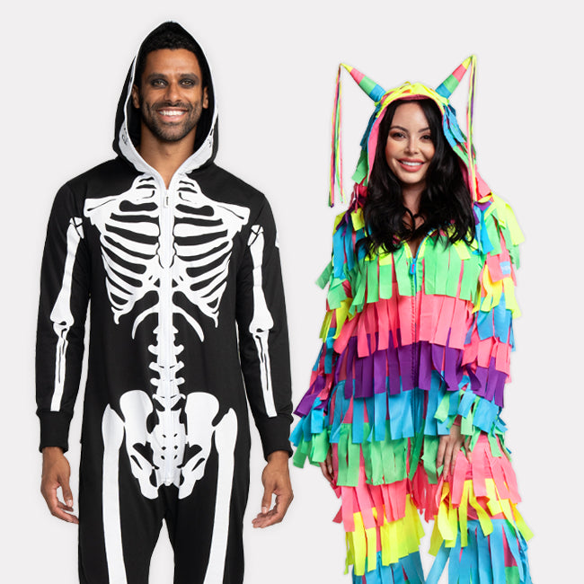 shop onesies - men's skeleton and women's pinata onesies