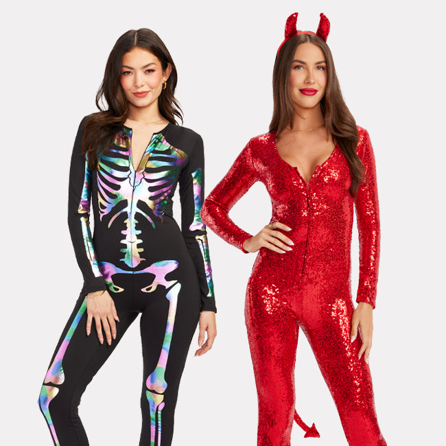 shop bodysuits - women's iridescent skeleton bodysuit and women's sequin devil bodysuit costume