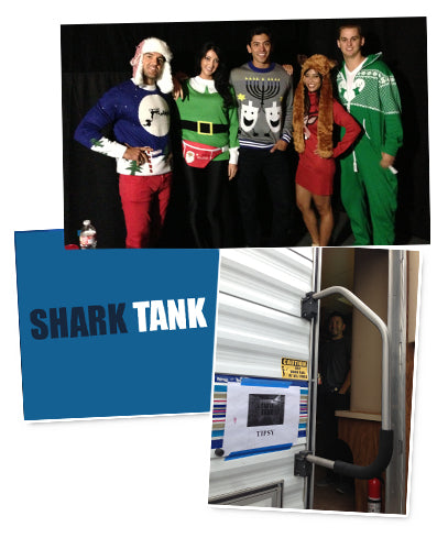 Shark tank page. Top - image of participants in shark tank pitch. Bottom - image of shark tank set Trailer 