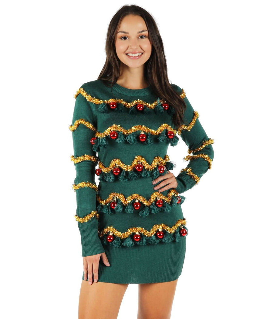 Women's Tinsel Tree Christmas Sweater Dress