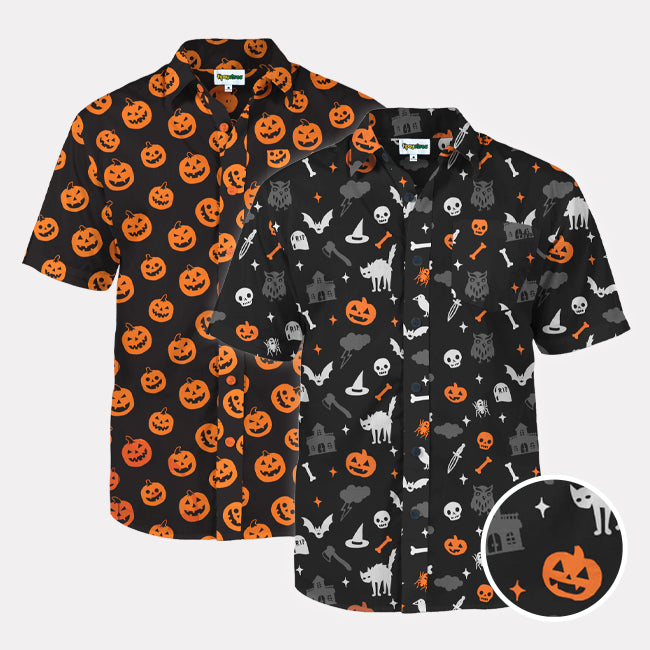 shop button down shirts - men's halloween night and men's pumpkin button down shirts 